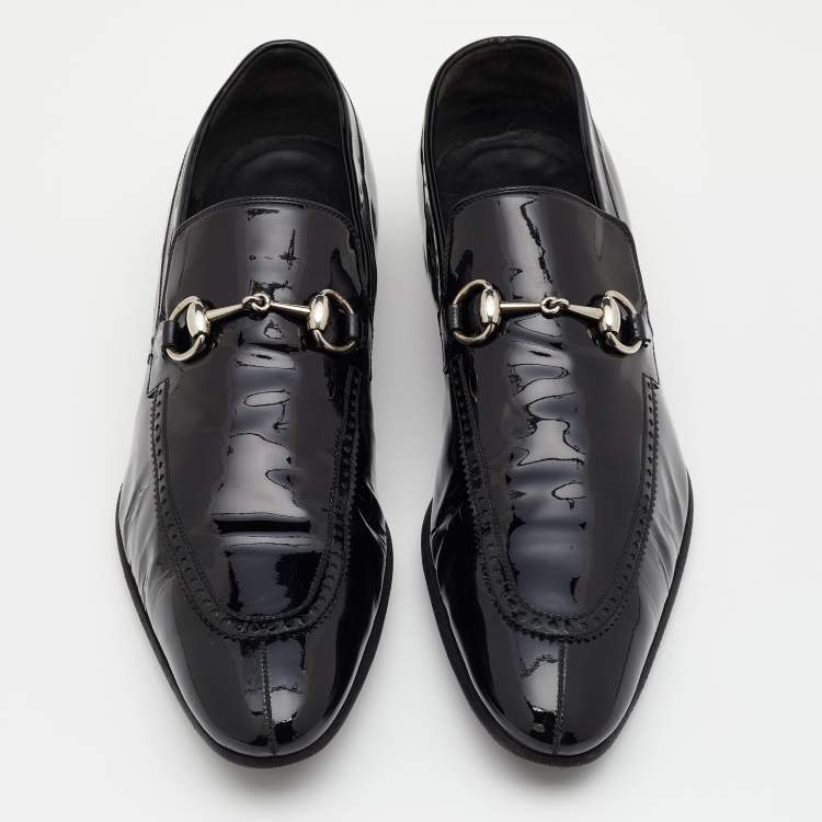 Pre Owned Gucci Black Patent Leather Horsebit Slip On Loafers Size 44