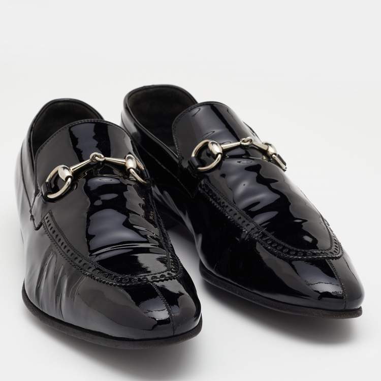 Pre Owned Gucci Black Patent Leather Horsebit Slip On Loafers Size 44