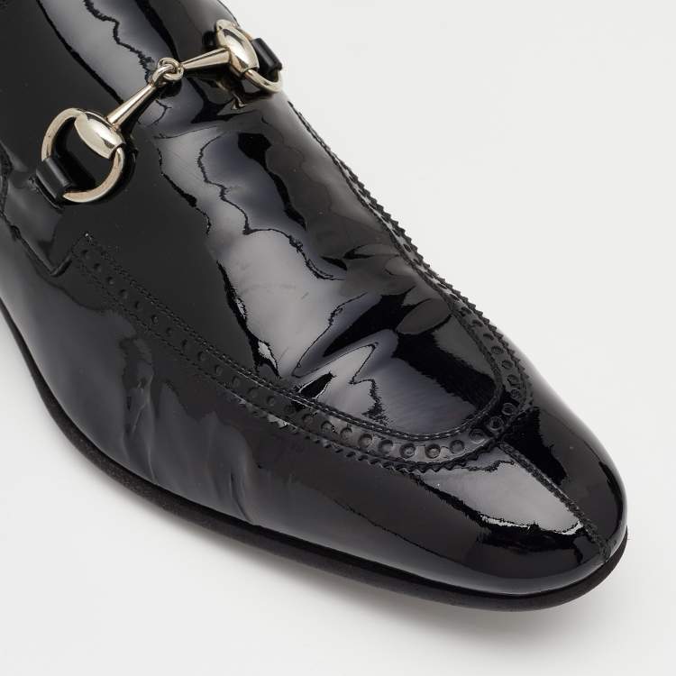 Pre Owned Gucci Black Patent Leather Horsebit Slip On Loafers Size 44