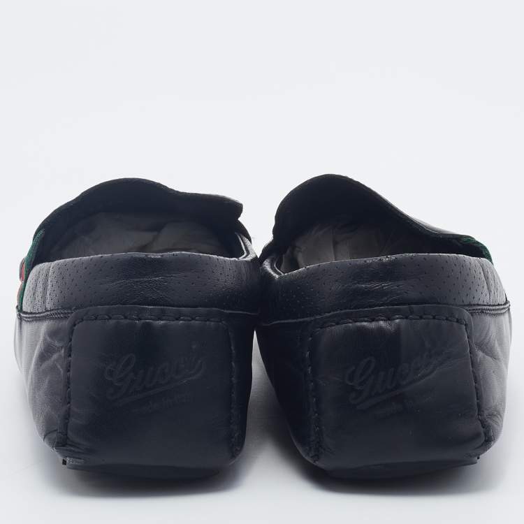 Pre Owned Gucci Dark Blue Leather Web Slip On Loafers Size 41.5