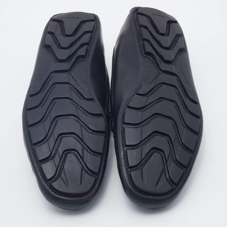Pre Owned Gucci Dark Blue Leather Web Slip On Loafers Size 41.5