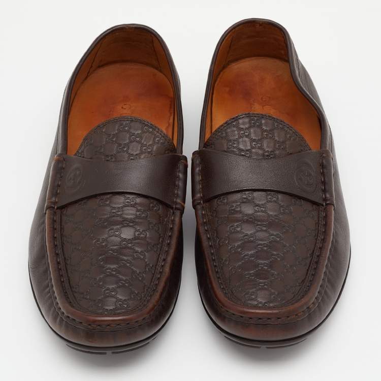 Pre Owned Gucci Brown Micro Guccissima Leather Slip On Loafers Size 42.5