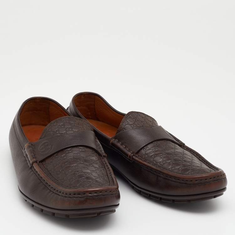 Pre Owned Gucci Brown Micro Guccissima Leather Slip On Loafers Size 42.5