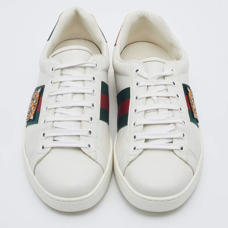 Pre Owned Gucci White Leather Ace Embroidered Tiger Low Top Sneakers Size 43