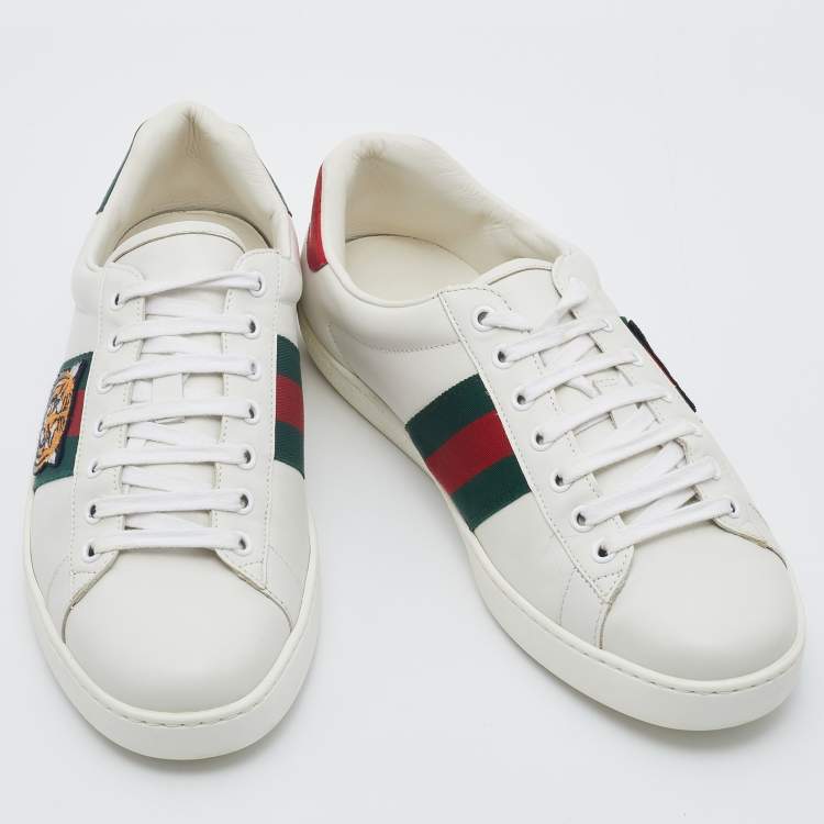 Pre Owned Gucci White Leather Ace Embroidered Tiger Low Top Sneakers Size 43