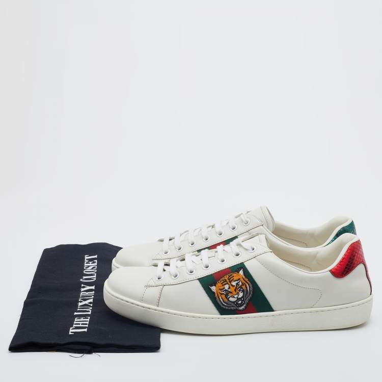 Pre Owned Gucci White Leather Ace Embroidered Tiger Low Top Sneakers Size 43