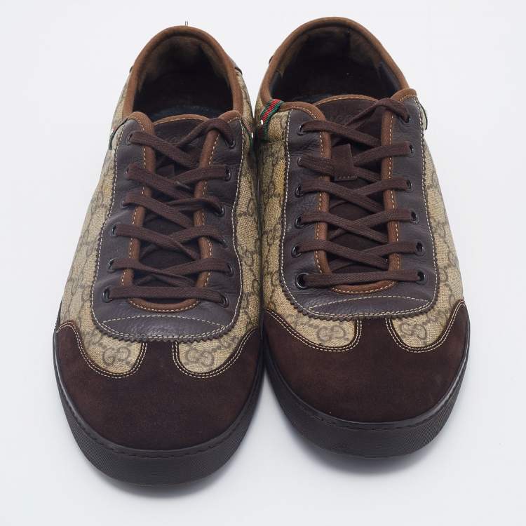 Pre Owned Gucci Beige/Brown GG Supreme Canvas And Suede Low Top Sneakers Size 46