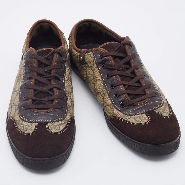 Pre Owned Gucci Beige/Brown GG Supreme Canvas And Suede Low Top Sneakers Size 46