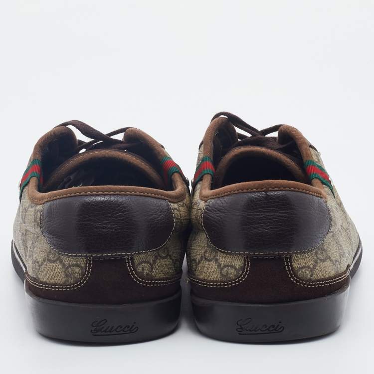 Pre Owned Gucci Beige/Brown GG Supreme Canvas And Suede Low Top Sneakers Size 46