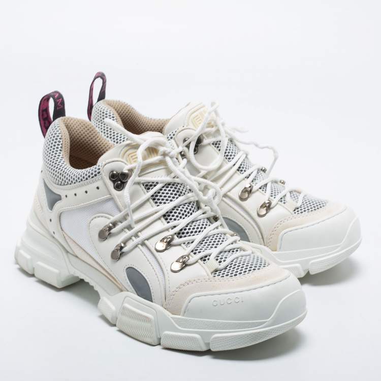 Pre Owned Gucci White Leather And Suede Flashtrek Sneakers  Size 43