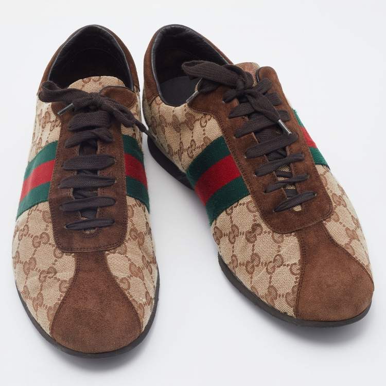 Pre Owned Gucci Beige/Brown Suede And GG Canvas Web Detail Low Top Sneakers Size 45