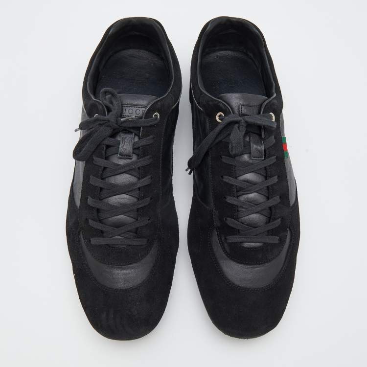 Pre Owned Gucci Black Suede And Leather Web Low Top Sneakers Size 47