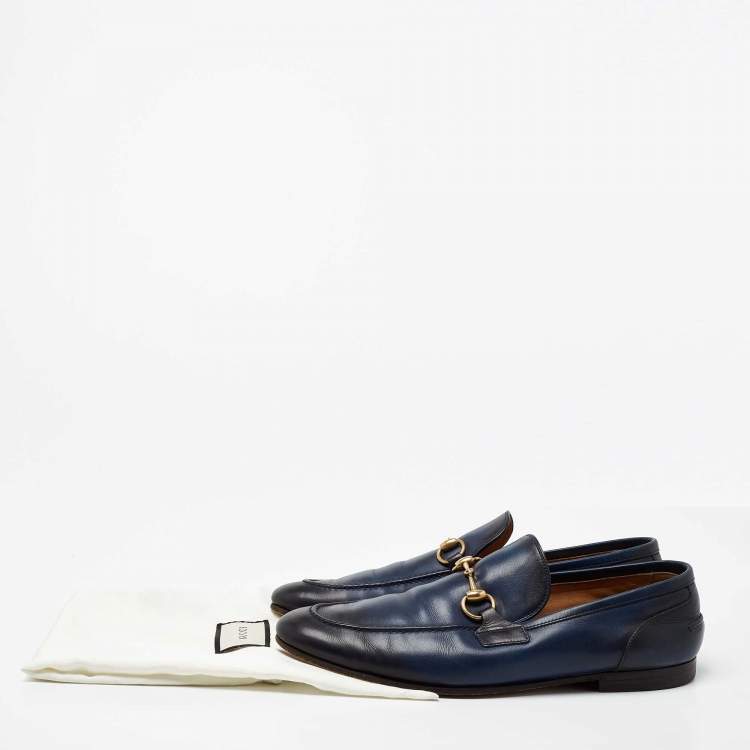Pre Owned Gucci Navy Blue/Black Leather Jordaan Loafers Size 42.5