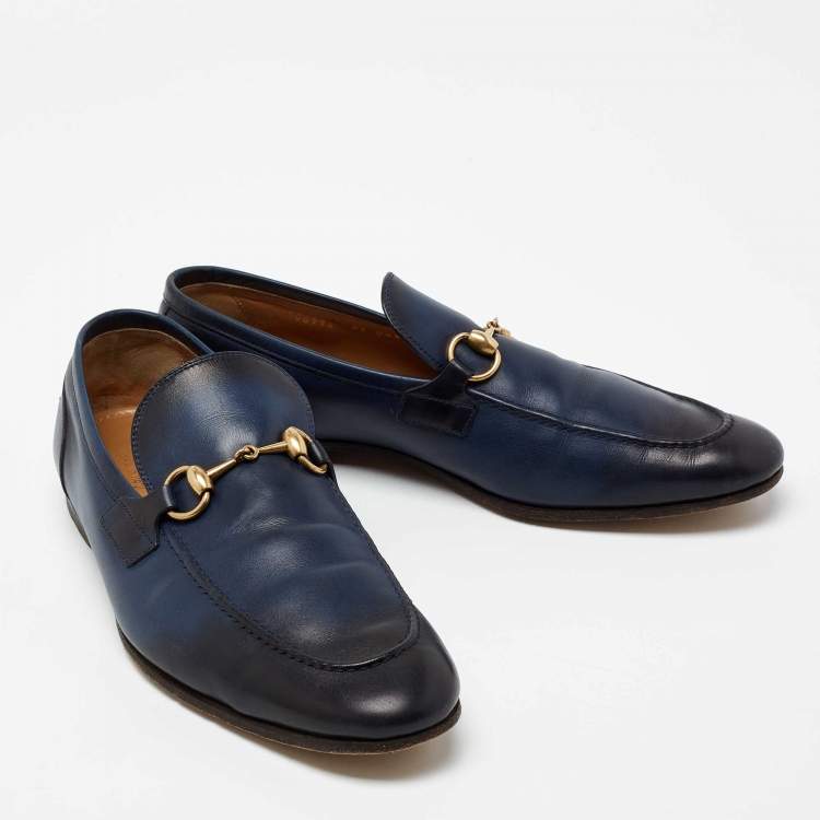 Pre Owned Gucci Navy Blue/Black Leather Jordaan Loafers Size 42.5