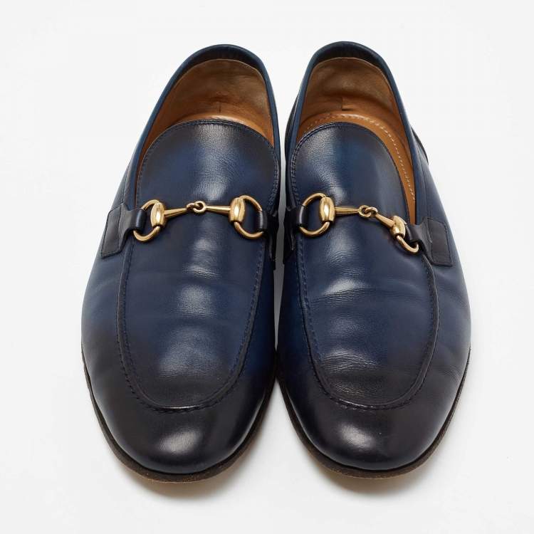 Pre Owned Gucci Navy Blue/Black Leather Jordaan Loafers Size 42.5