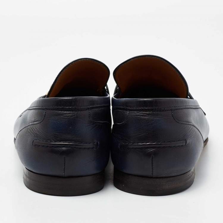 Pre Owned Gucci Navy Blue/Black Leather Jordaan Loafers Size 42.5