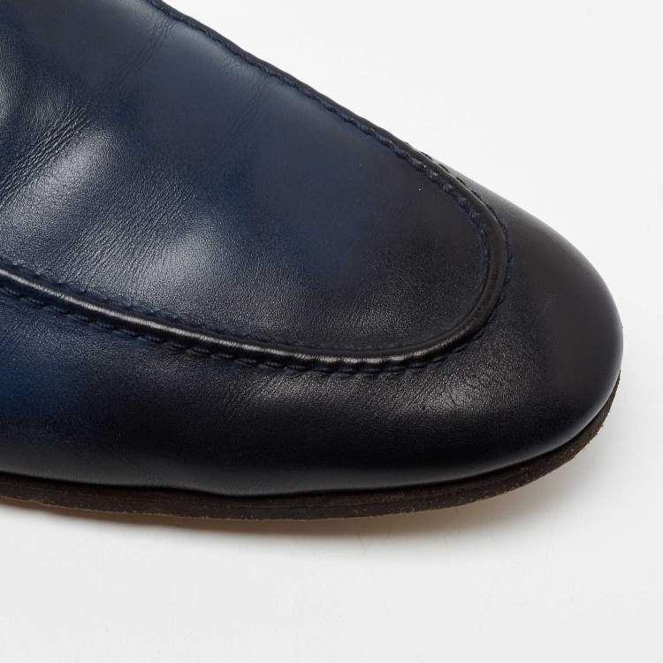 Pre Owned Gucci Navy Blue/Black Leather Jordaan Loafers Size 42.5