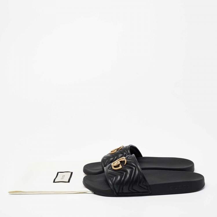 Pre Owned Gucci Black Leather GG Marmont Slide Sandals Size 43