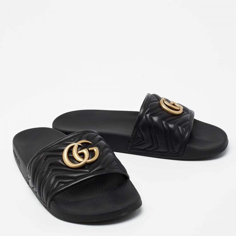 Pre Owned Gucci Black Leather GG Marmont Slide Sandals Size 43