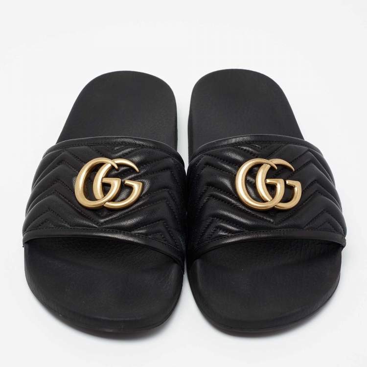 Pre Owned Gucci Black Leather GG Marmont Slide Sandals Size 43
