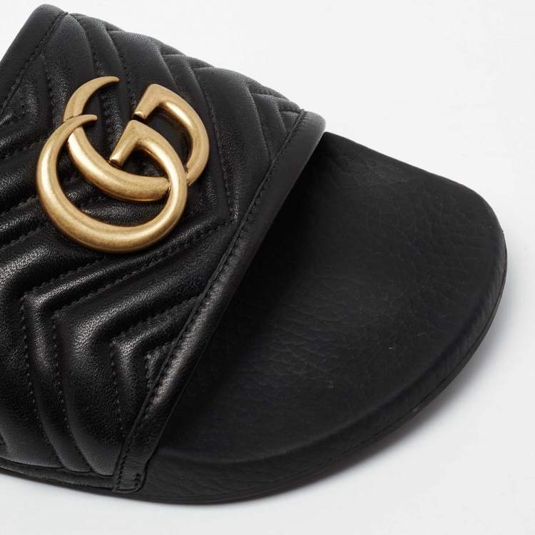 Pre Owned Gucci Black Leather GG Marmont Slide Sandals Size 43