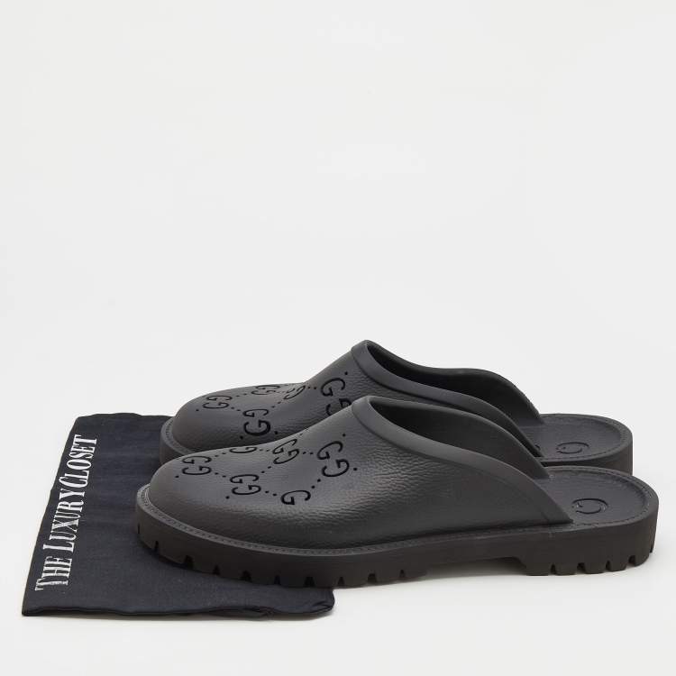 Pre Owned Gucci Black Perforated GG Rubber Slip On Sandals Size 45