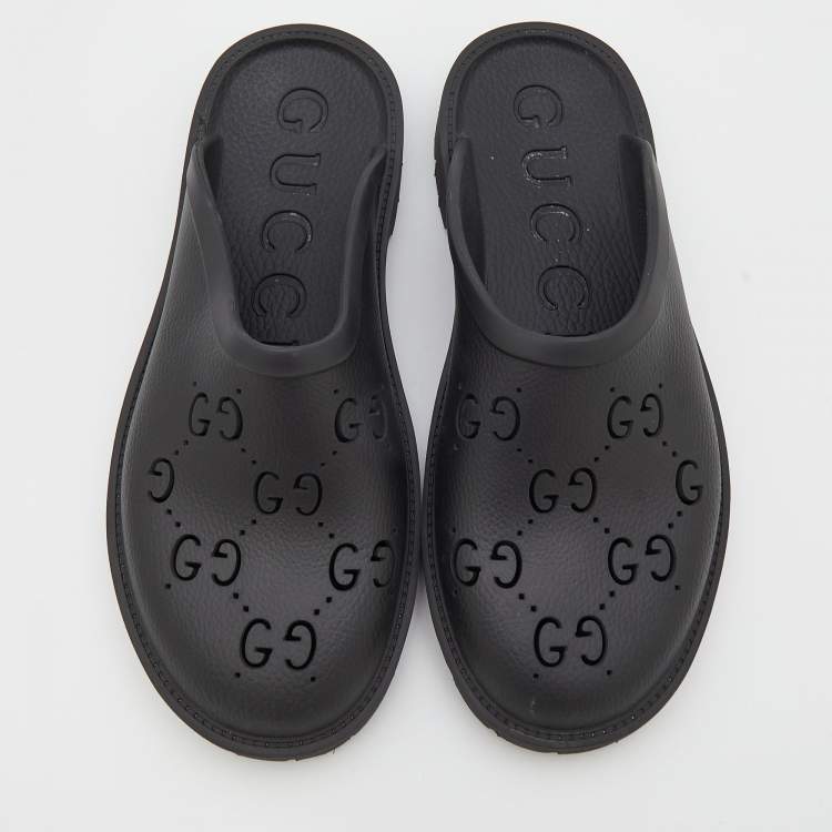 Pre Owned Gucci Black Perforated GG Rubber Slip On Sandals Size 45