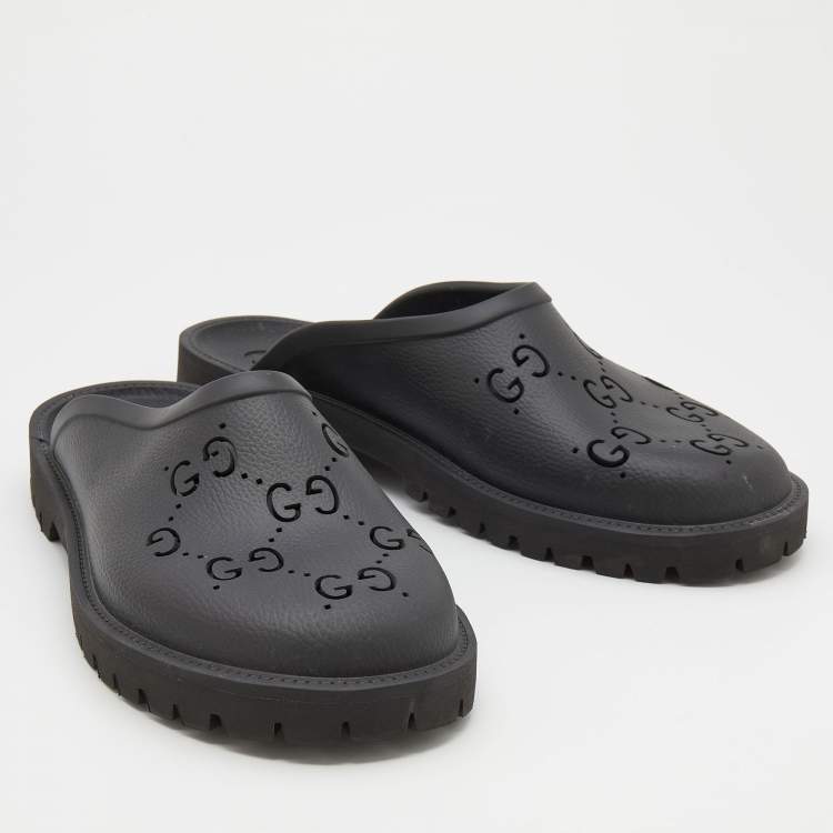 Pre Owned Gucci Black Perforated GG Rubber Slip On Sandals Size 45