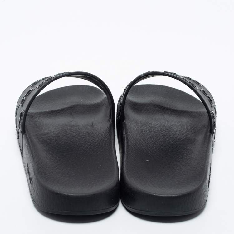 Pre Owned Gucci Black GG Laser Cut Rubber Slides Size 42