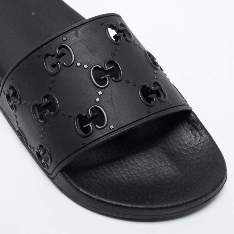 Pre Owned Gucci Black GG Laser Cut Rubber Slides Size 42