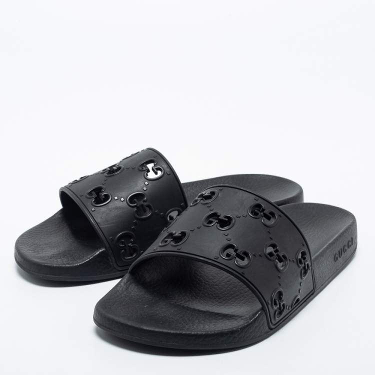 Pre Owned Gucci Black GG Laser Cut Rubber Slides Size 42