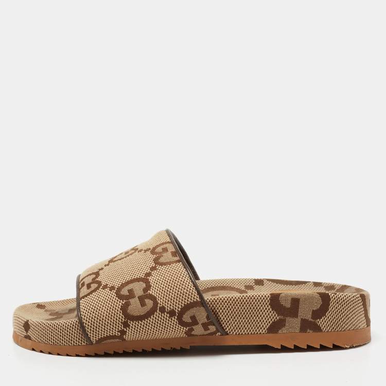 Pre Owned Gucci Beige GG Canvas Slide Flats Size 41