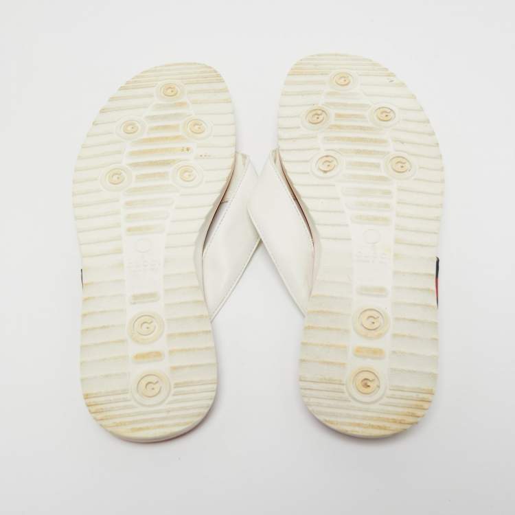 Pre Owned Gucci White Leather Web Thong Flats Size 42