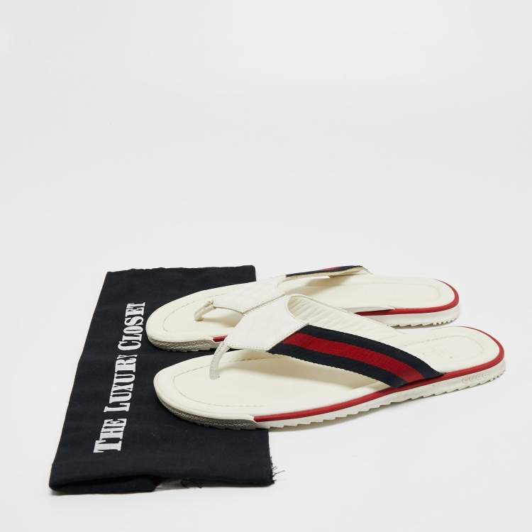 Pre Owned Gucci White Leather Web Thong Flats Size 42
