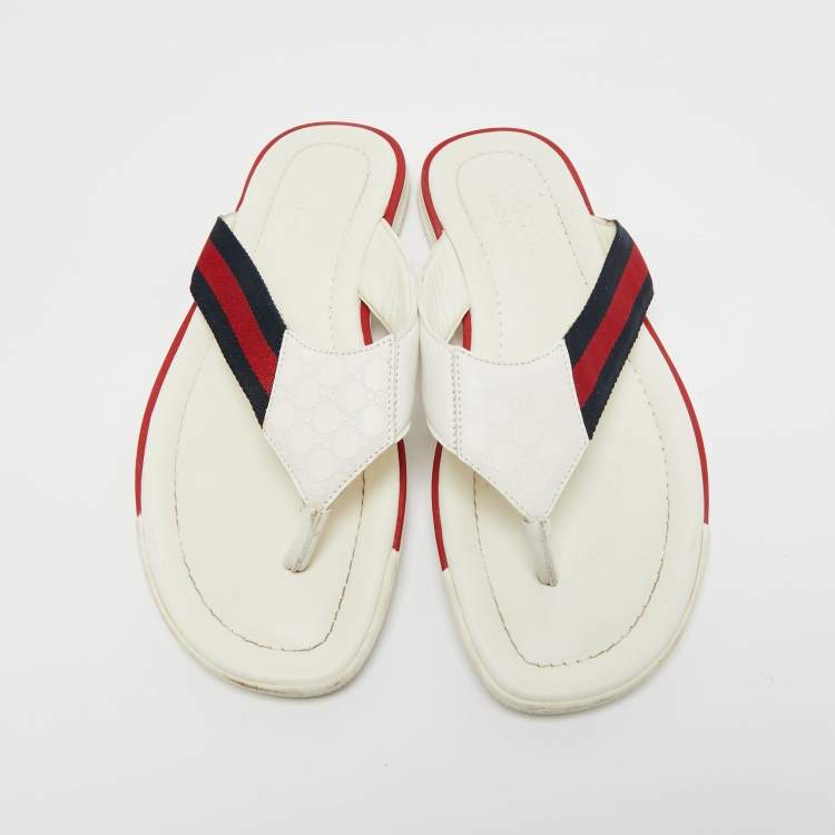 Pre Owned Gucci White Leather Web Thong Flats Size 42
