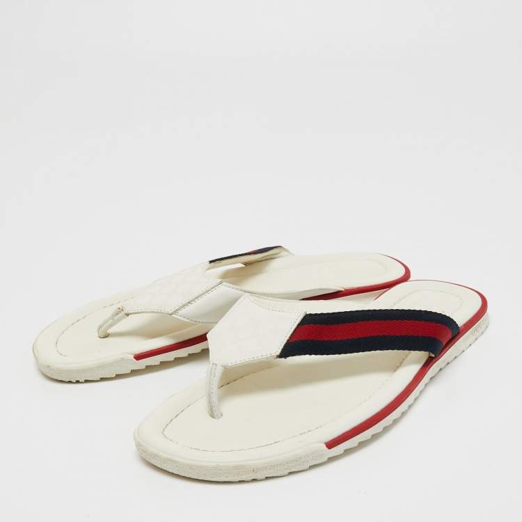 Pre Owned Gucci White Leather Web Thong Flats Size 42