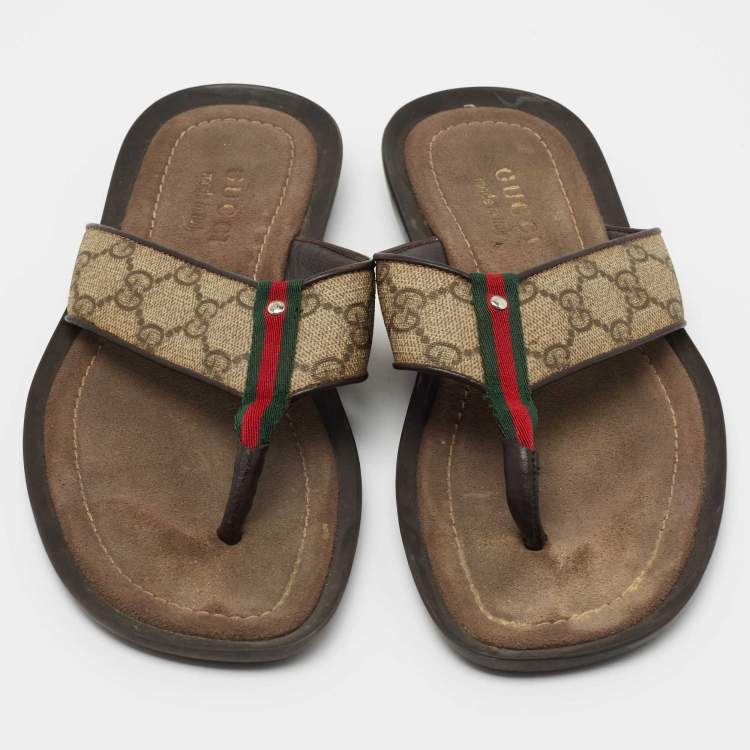Pre Owned Gucci Beige/Brown GG Supreme Canvas Web Thong Flats Size 41