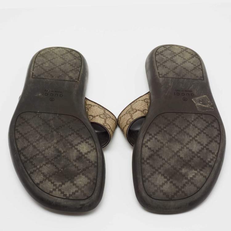 Pre Owned Gucci Beige/Brown GG Supreme Canvas Web Thong Flats Size 41