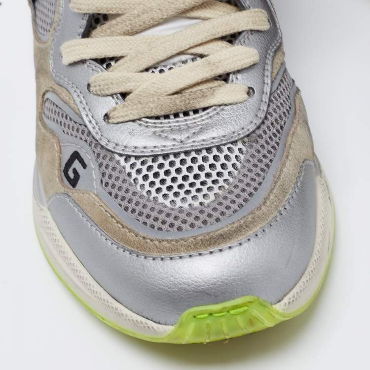 Pre Owned Gucci Silver/Grey Leather and Fabric Ultrapace Sneakers Size 39.5