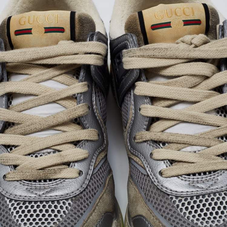 Pre Owned Gucci Silver/Grey Leather and Fabric Ultrapace Sneakers Size 39.5