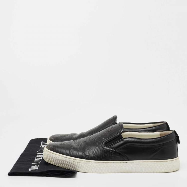 مملوكة مسبقًا Gucci Black GG Embossed Leather Slip On Sneakers Size 44.5