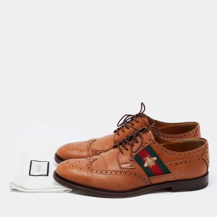Pre Owned Gucci Tan Leather Bee Web Detail Lace Up Brogue Oxfords Size 44