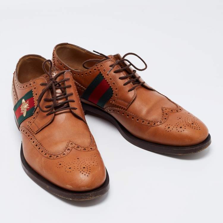 Pre Owned Gucci Tan Leather Bee Web Detail Lace Up Brogue Oxfords Size 44