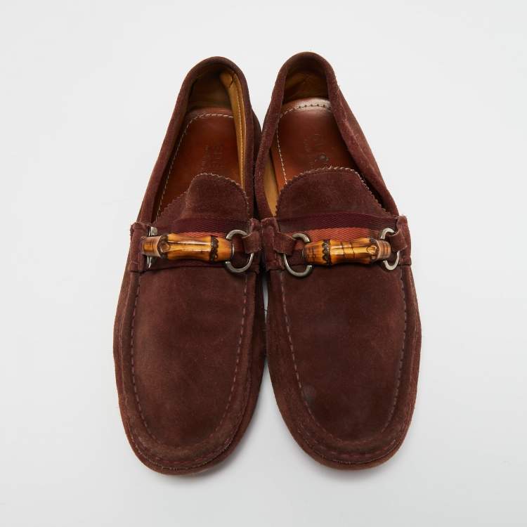 Pre Owned Gucci Burgundy Suede Bamboo Horsebit Slip On Loafers Size 44