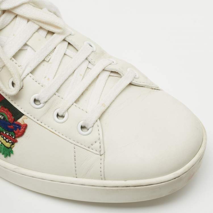 Pre Owned Gucci White Leather Ace Dragon Embroidered Low Top Sneakers Size 43