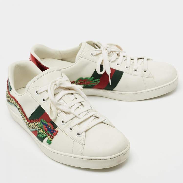 Pre Owned Gucci White Leather Ace Dragon Embroidered Low Top Sneakers Size 43