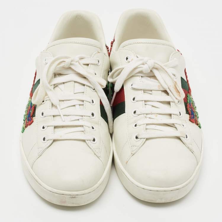 Pre Owned Gucci White Leather Ace Dragon Embroidered Low Top Sneakers Size 43