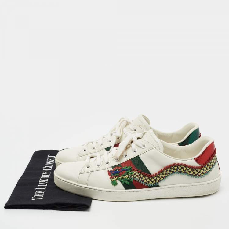 Pre Owned Gucci White Leather Ace Dragon Embroidered Low Top Sneakers Size 43