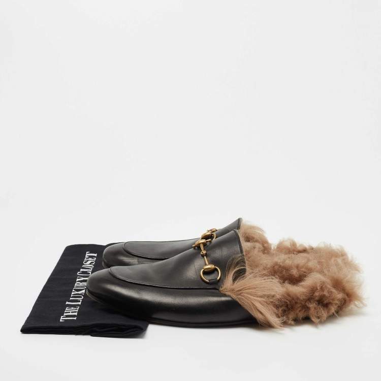 Pre Owned Gucci Black Leather and Fur Lined Princetown Flat Mules Size 44