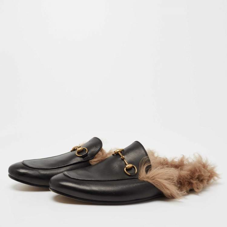 Pre Owned Gucci Black Leather and Fur Lined Princetown Flat Mules Size 44